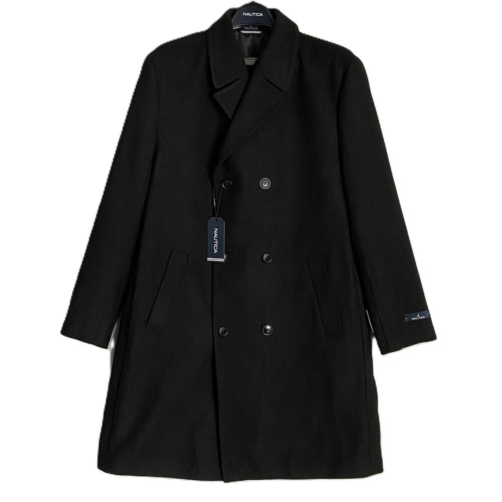Nautica Overcoat Men's 42 Regular Double-Breasted Wool Blend Lined Black NEW